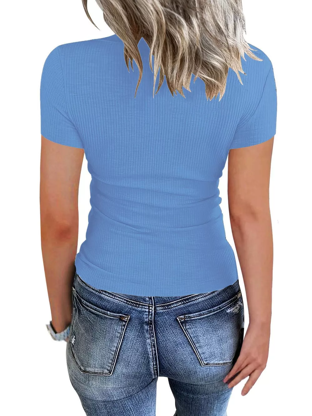 Ribbed Knit T-Shirt with Button Detail, image 4