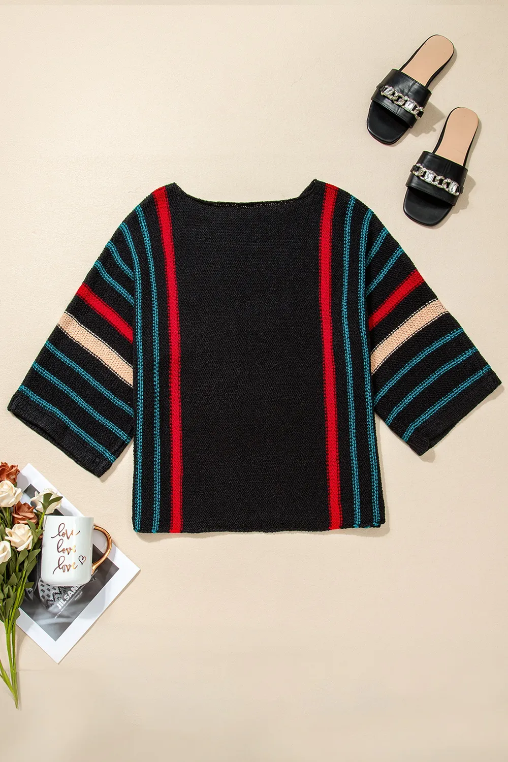 Striped Boat Neck Three-Quarter Sleeve Knit Top, image 3