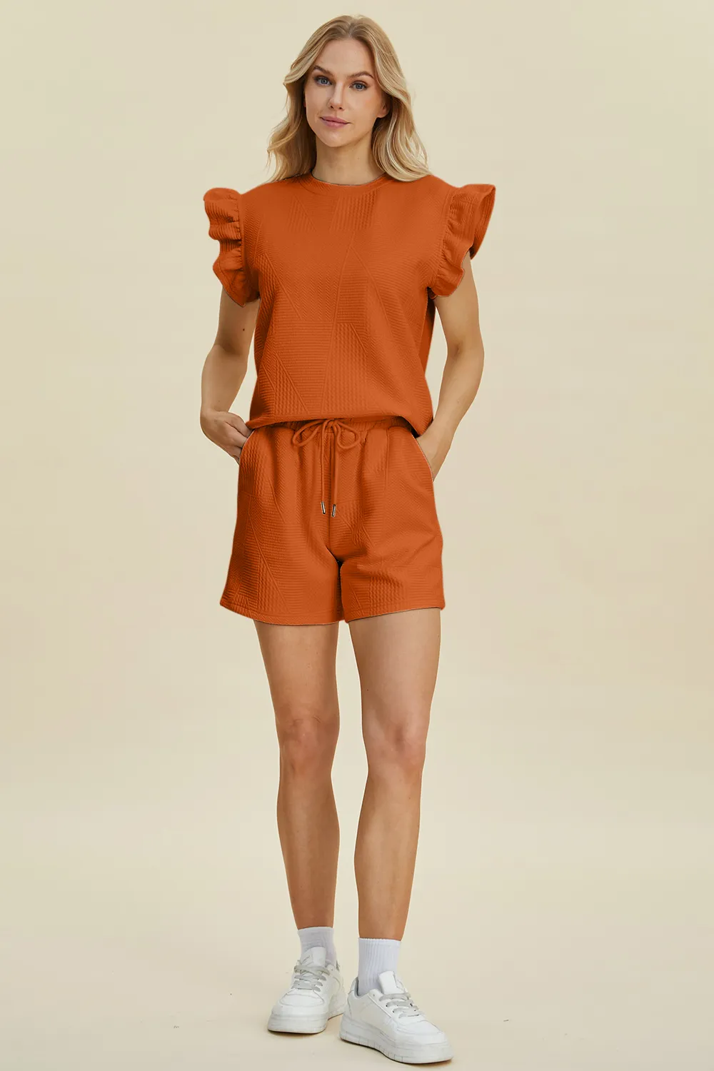 Full Size Texture Round Neck Ruffle Sleeve Top and Shorts Set, image 3