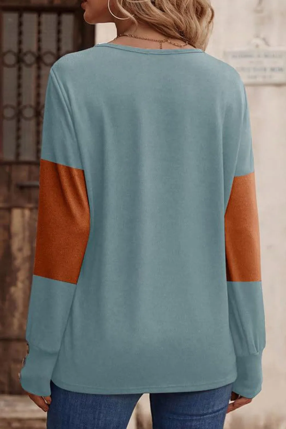 Decorative Button Contrast V-Neck Long Sleeve T-Shirt, image 2