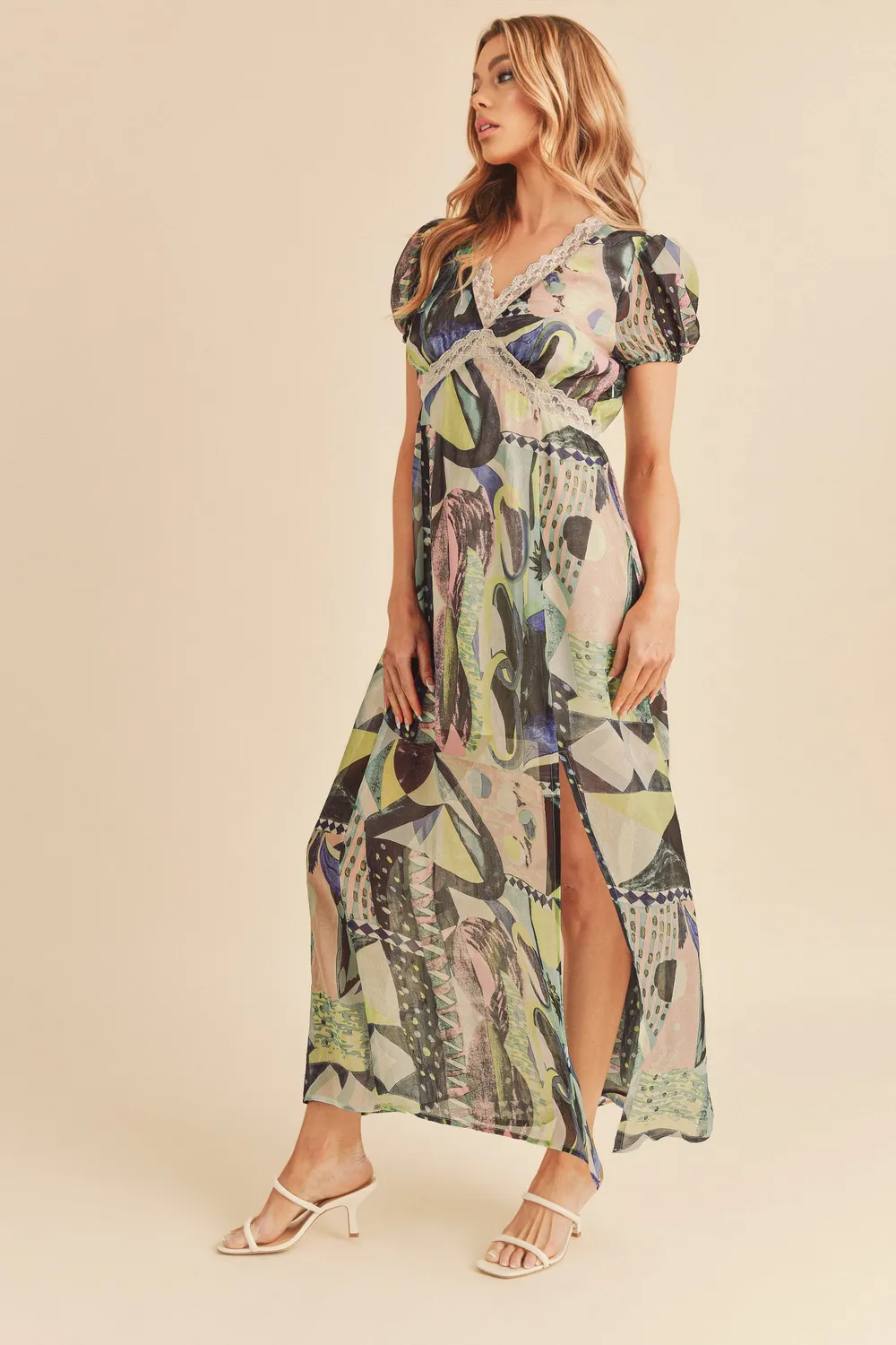 Lace Detail Slit Geometric Print Short Sleeve Maxi Dress, image 4