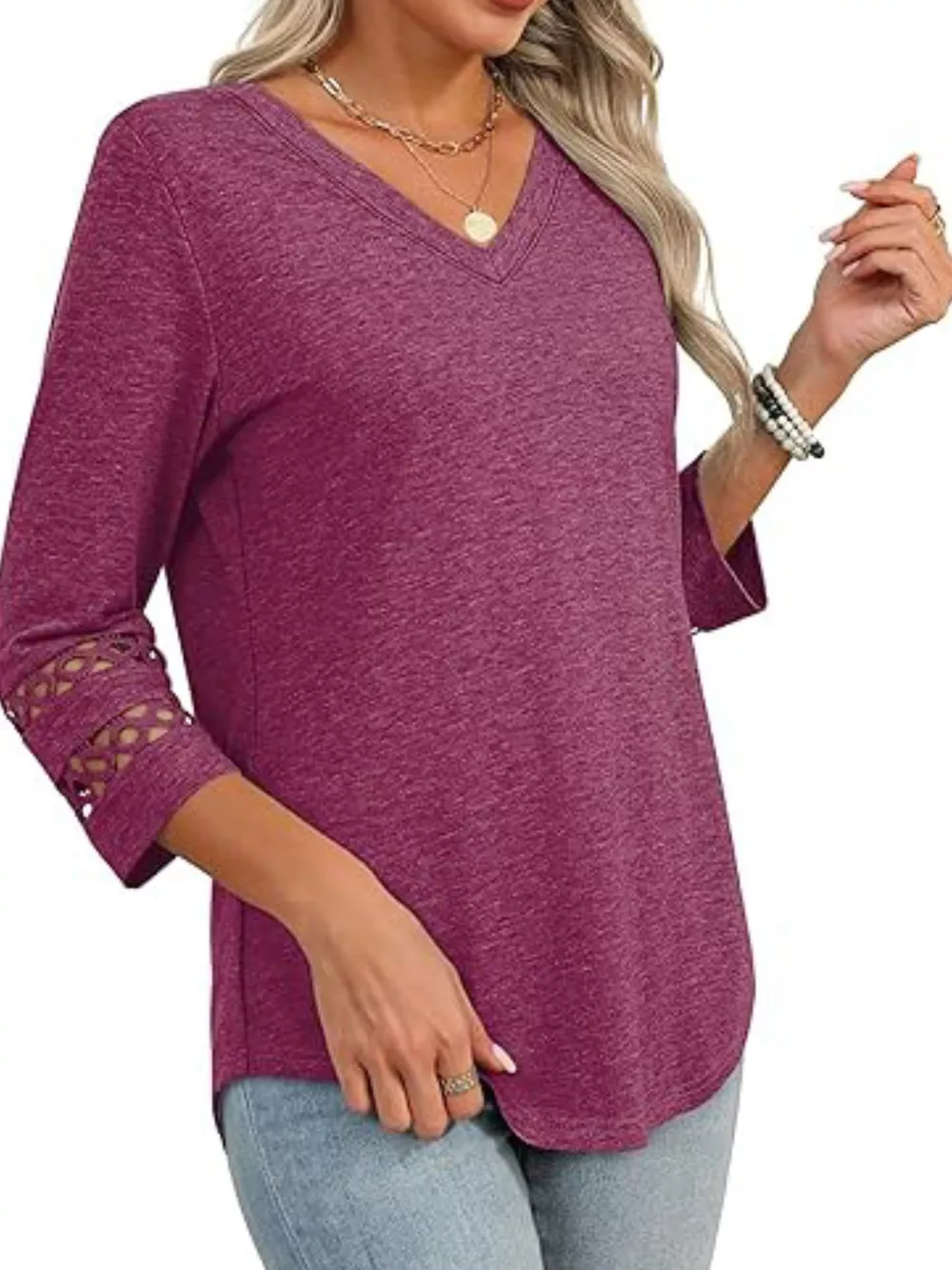 V-Neck Cutout 3/4 Sleeve T-Shirt, image 3