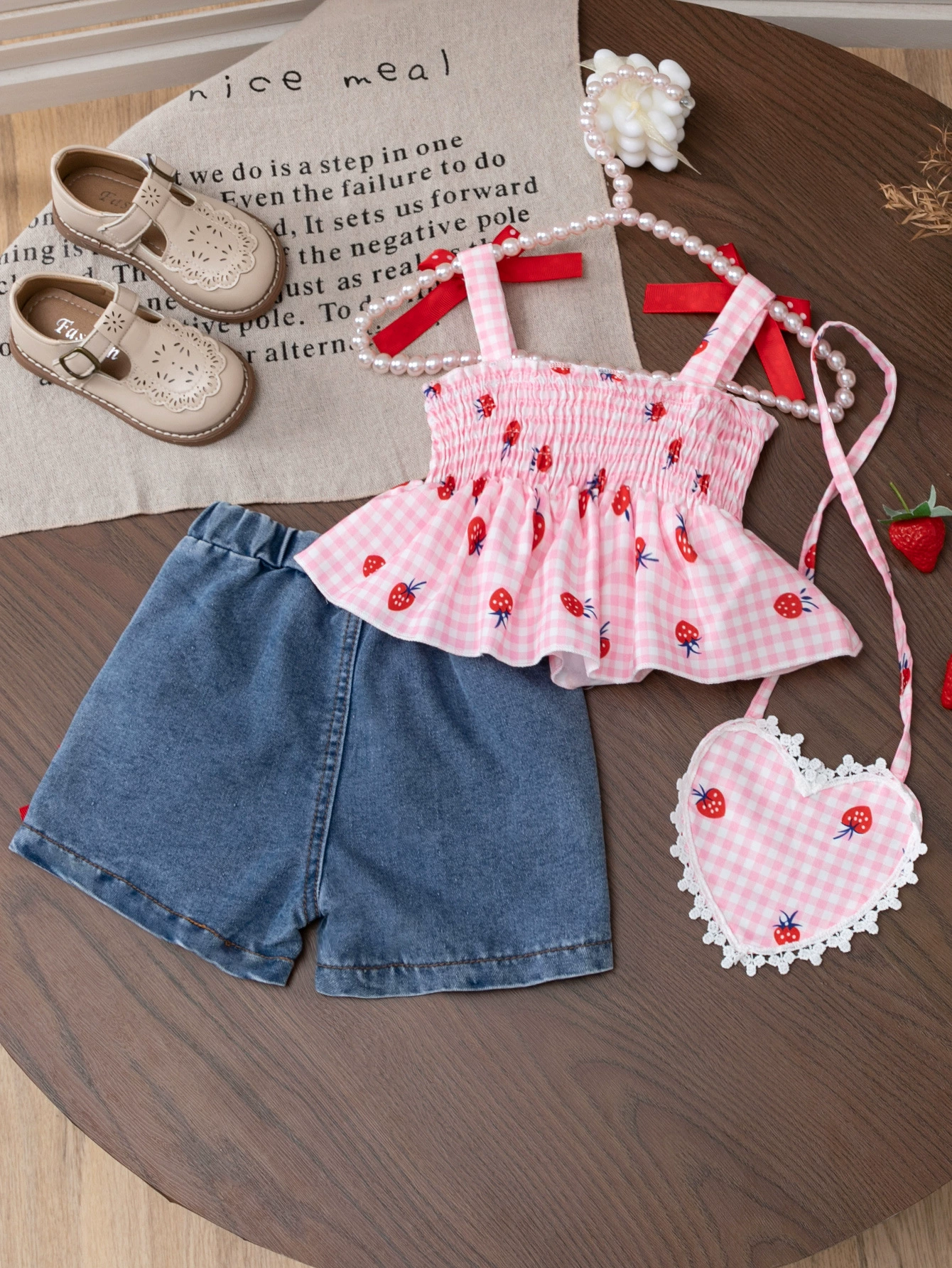 Children's Strawberry Gingham Smocked Top & Denim Shorts Set, image 4