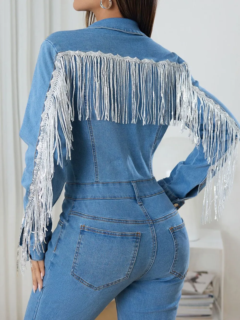 Fringe Half Button Long Sleeve Denim Jumpsuit, image 5