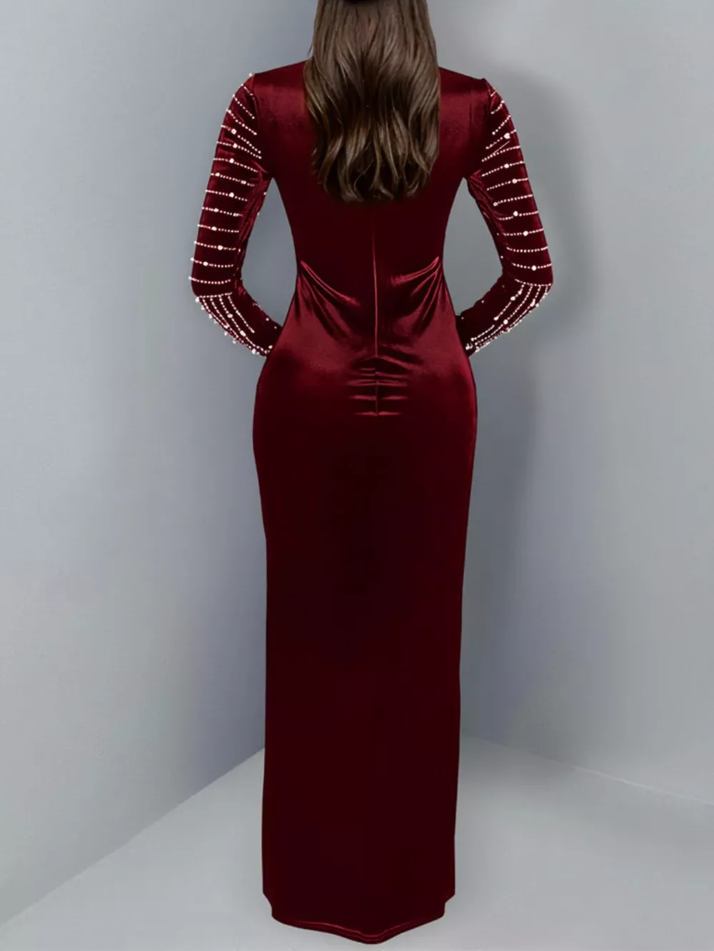 Rhinestone Embellished Mock Neck Long Sleeve Maxi Dress, image 8