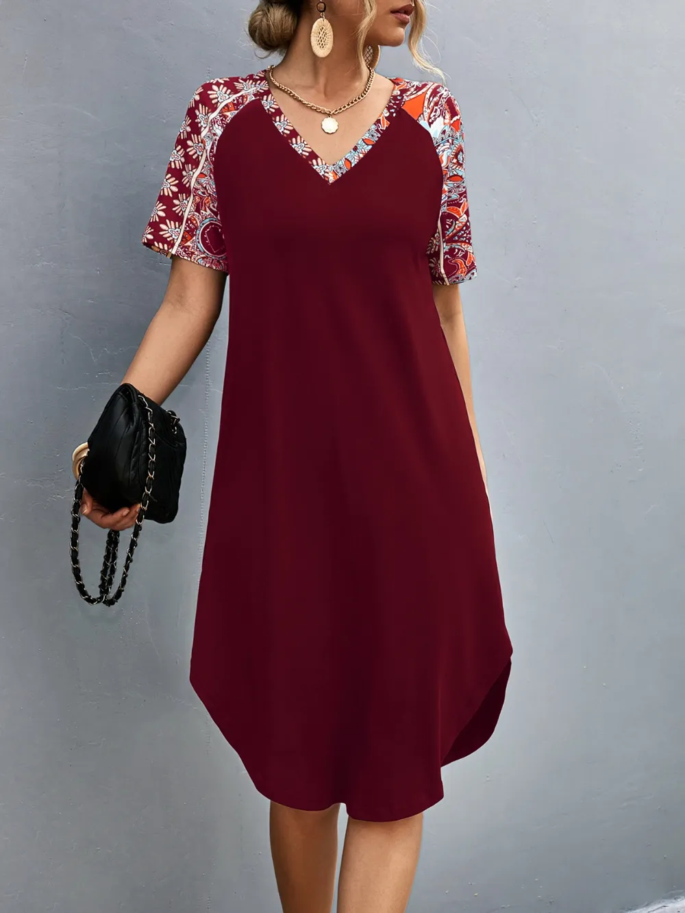 Printed V-Neck Short Sleeve Dress, image 4