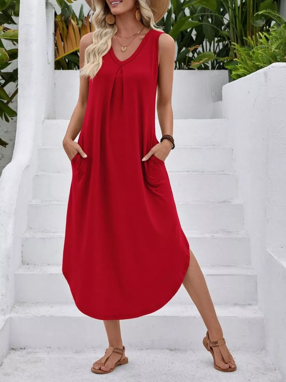 Casual Sleeveless V-Neck Pocket Midi Dress, image 3