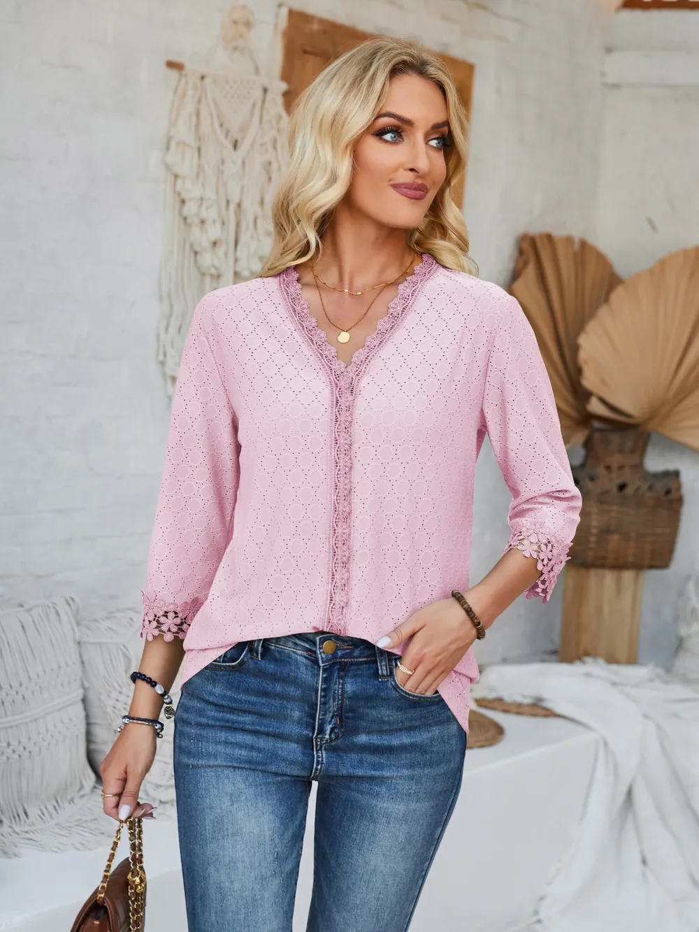 Lace Detail V-Neck Three-Quarter Sleeve Blouse, image 15