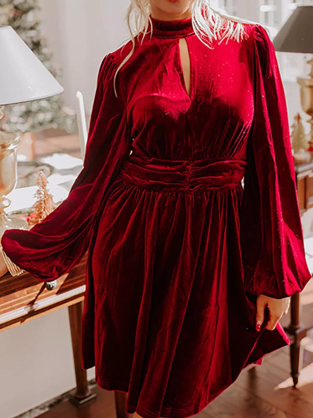 Velvet Mock Neck Balloon Sleeve Dress, image 11