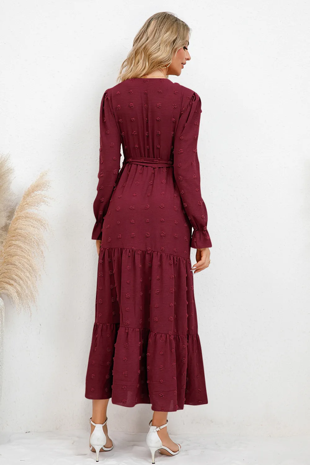 Swiss Dot Tied Surplice Flounce Sleeve Dress, image 6
