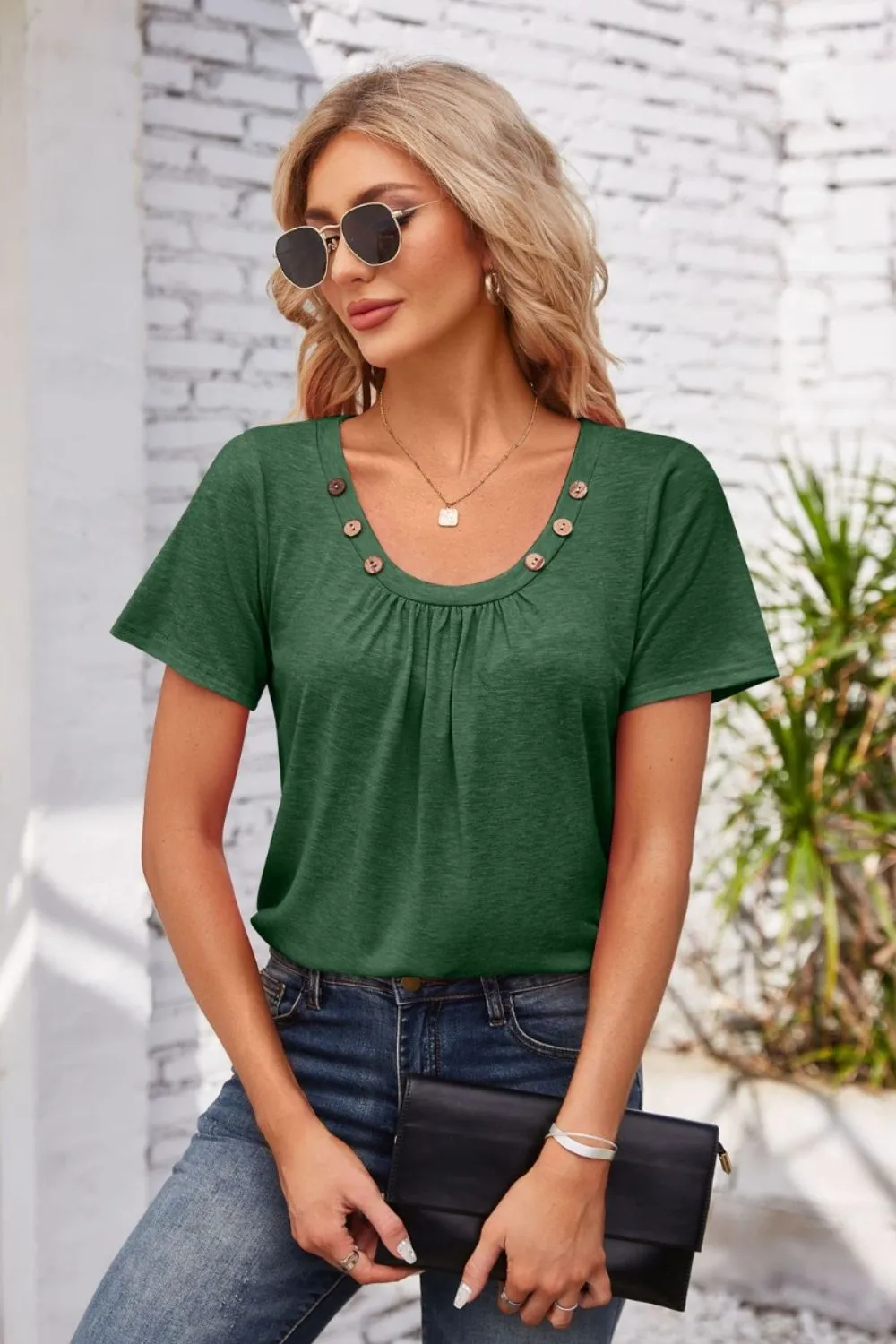 Decorative Button Scoop Neck T-Shirt, image 6