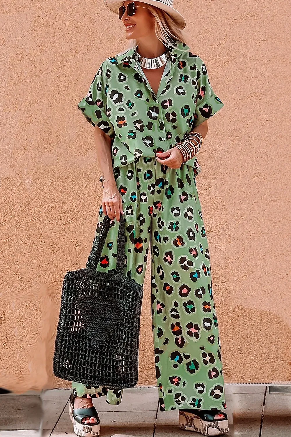 Leopard Collared Neck Top and Pants Set, image 2