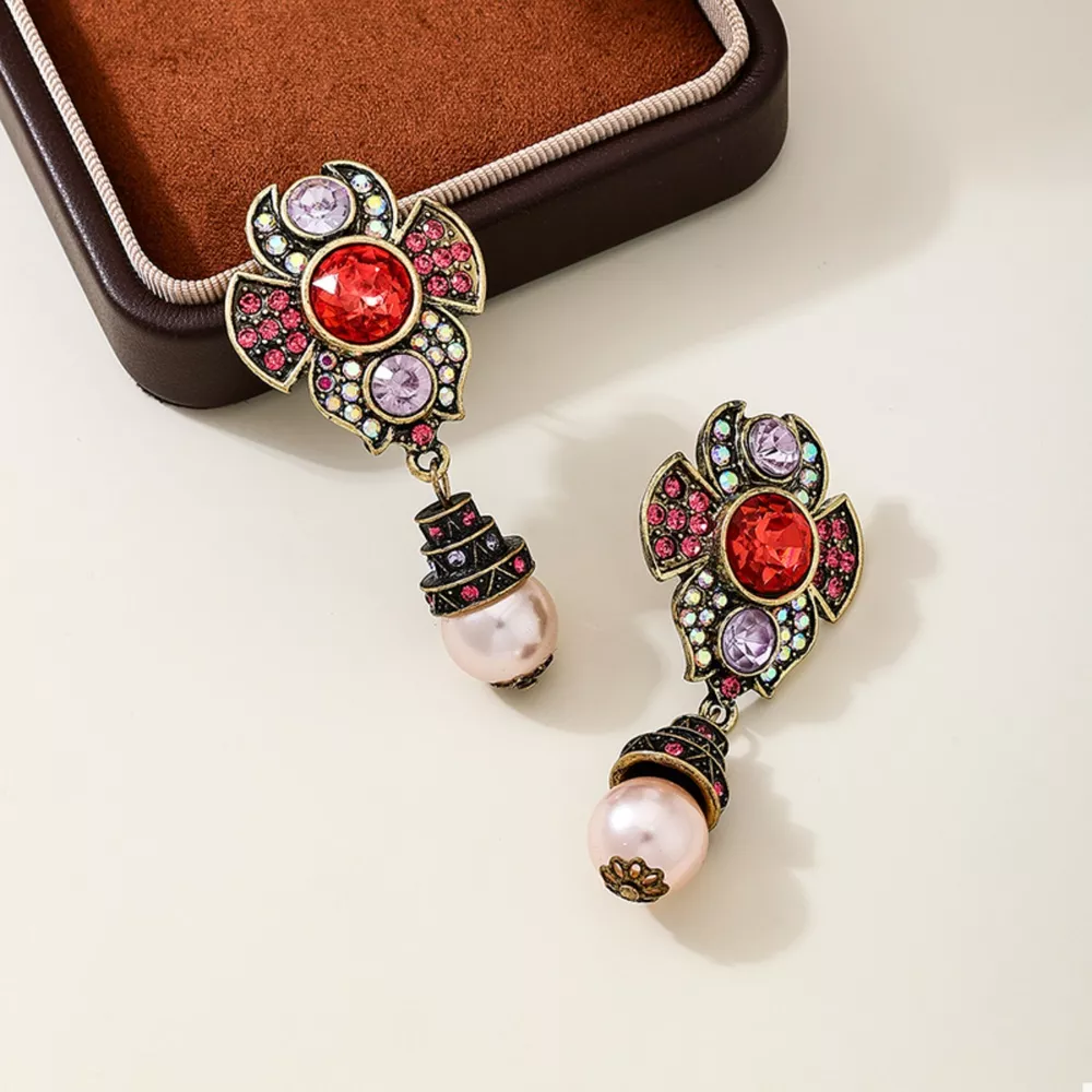 Zinc Alloy Flower Pearl Drop Earrings, image 3