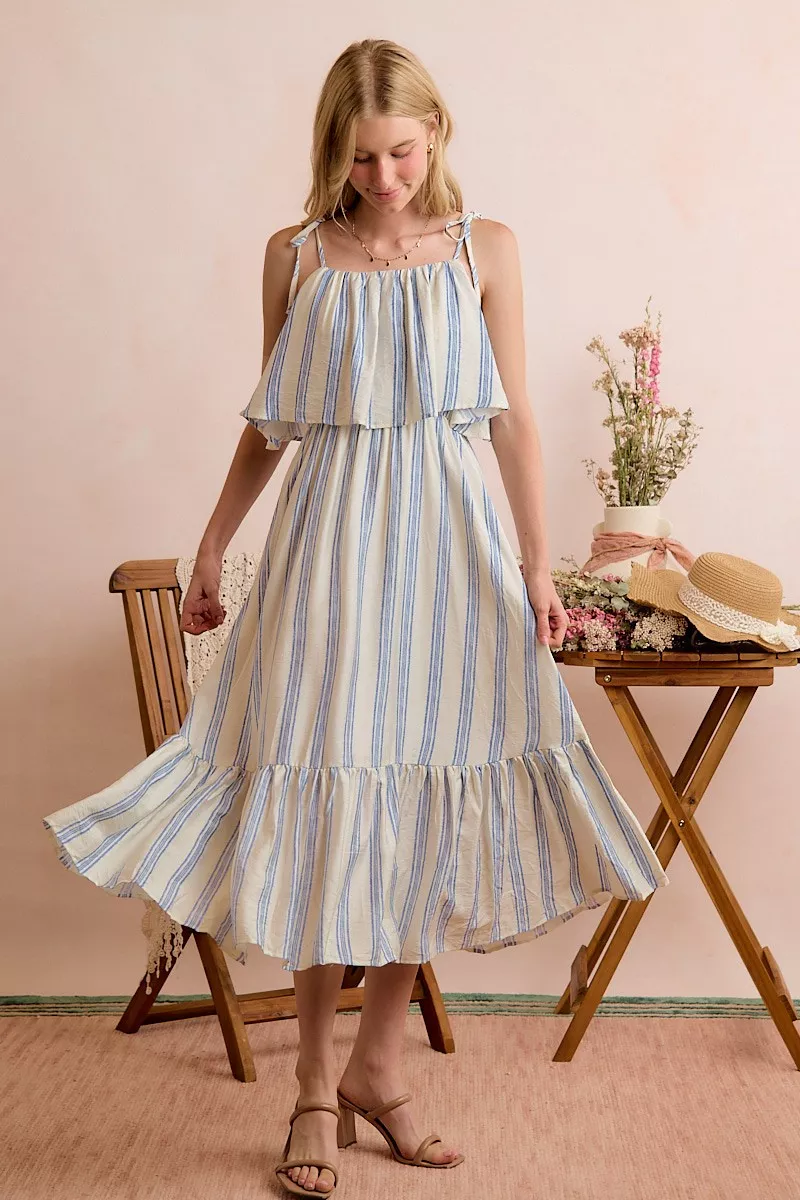 Stripe Tiered Shoulder Tie Midi Lined Dress, image 22