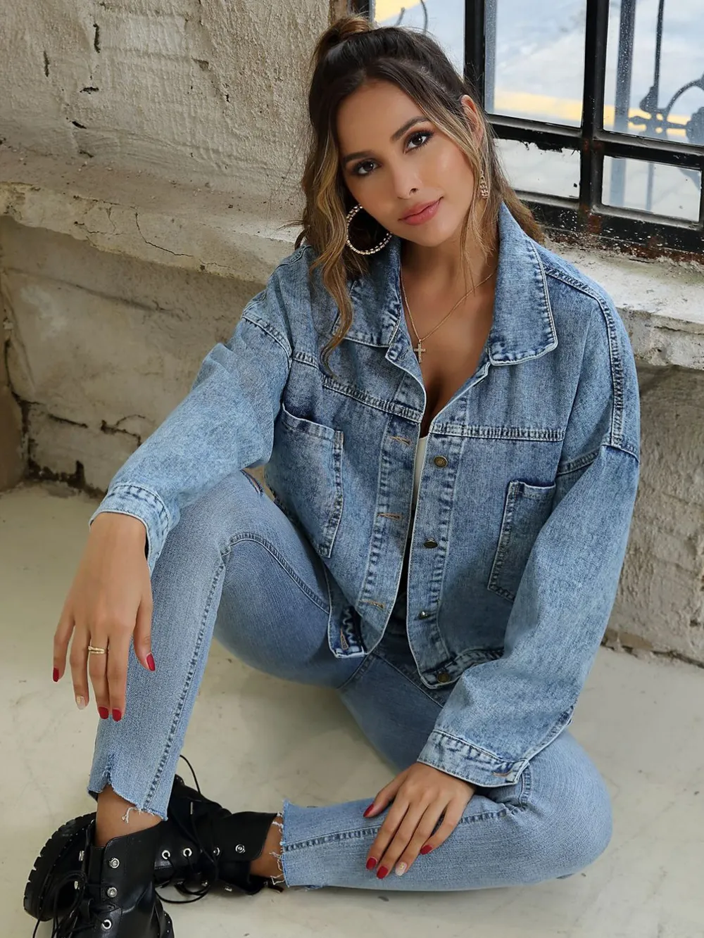 Button Down Drop Shoulder Denim Jacket, image 8
