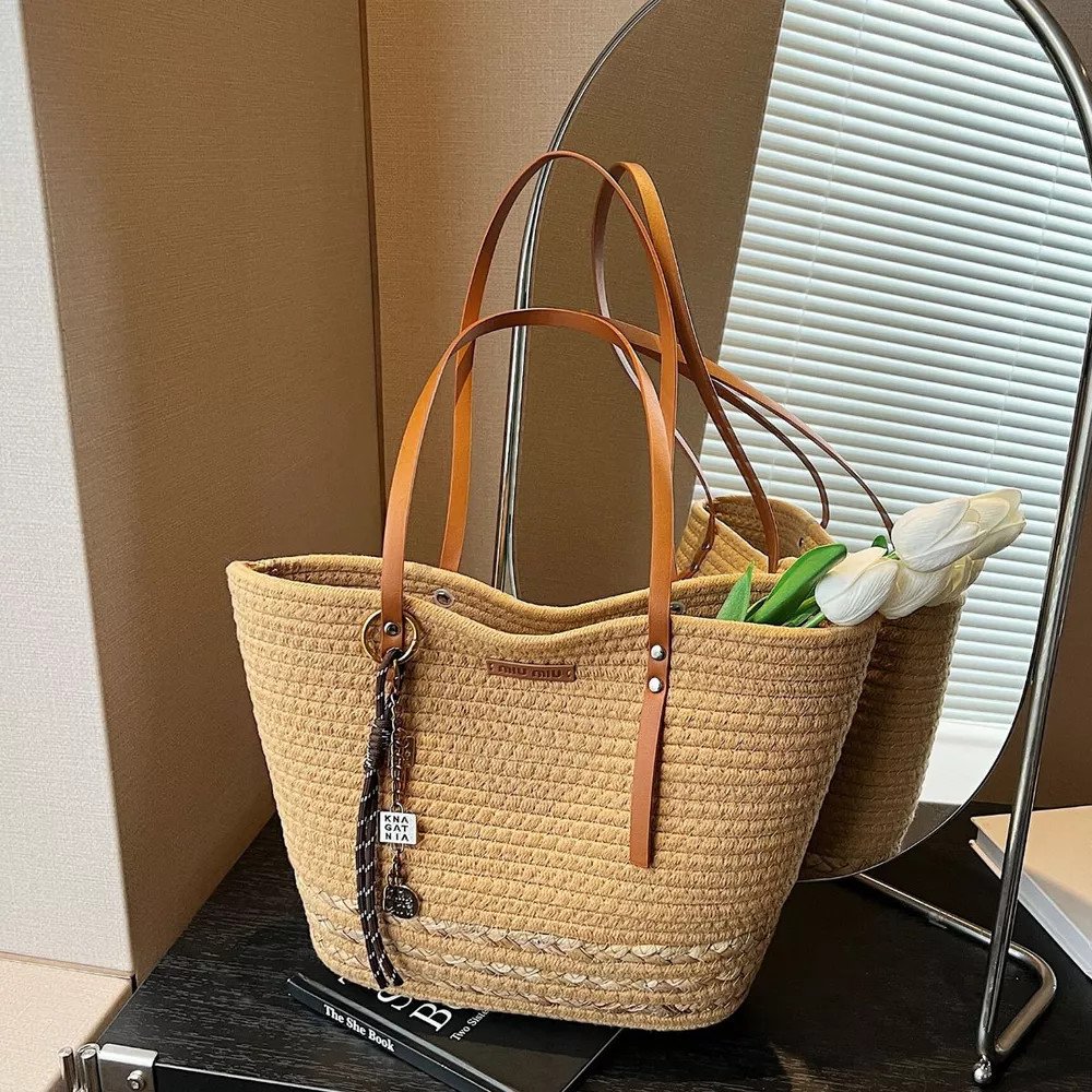 Woven Straw Tote Handbag with Leather Straps, image 5