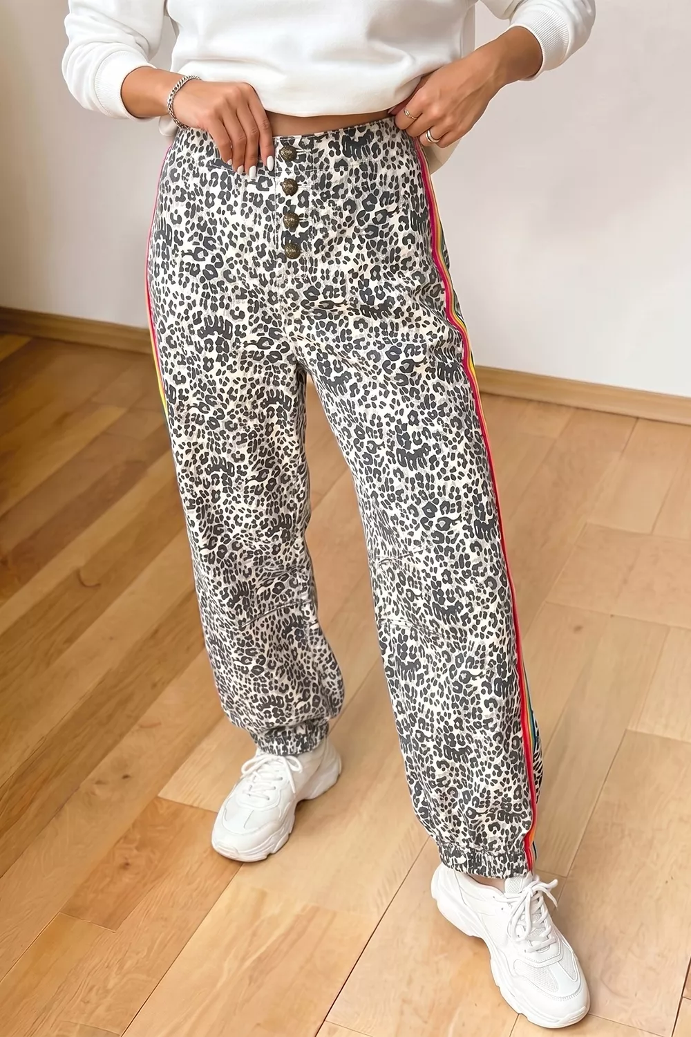 Leopard Print Rainbow Striped Detail Buttoned Loose Jogger Jeans, image 3