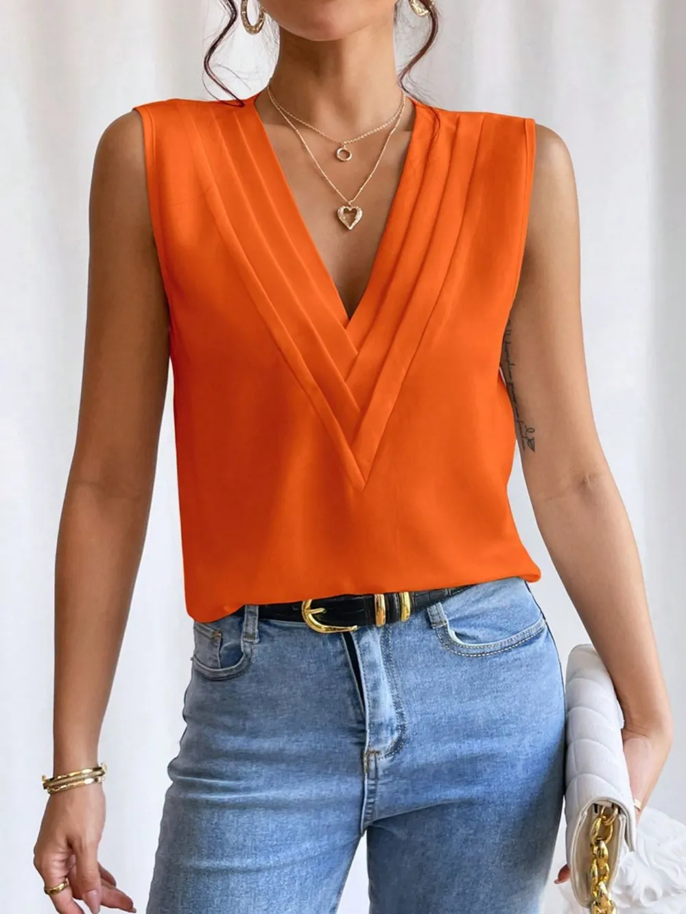 V-Neck Pleated Sleeveless Cami Tank Top, image 3