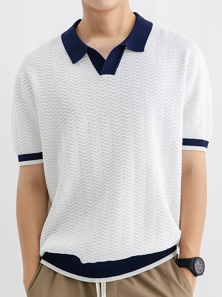 Men's Plus Size Textured Knit Polo with Contrast Trim, image 3