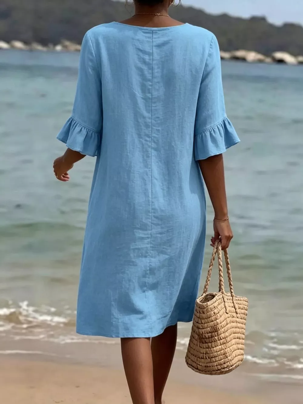Full Size Button Decor Flounce Sleeve Dress Plus Size, image 7