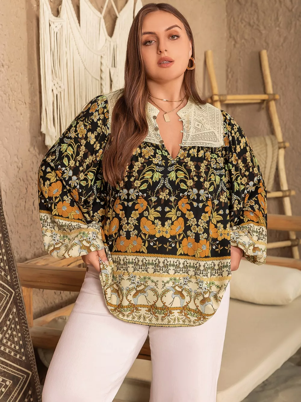 Plus Size Floral Print Notched Blouse, image 2
