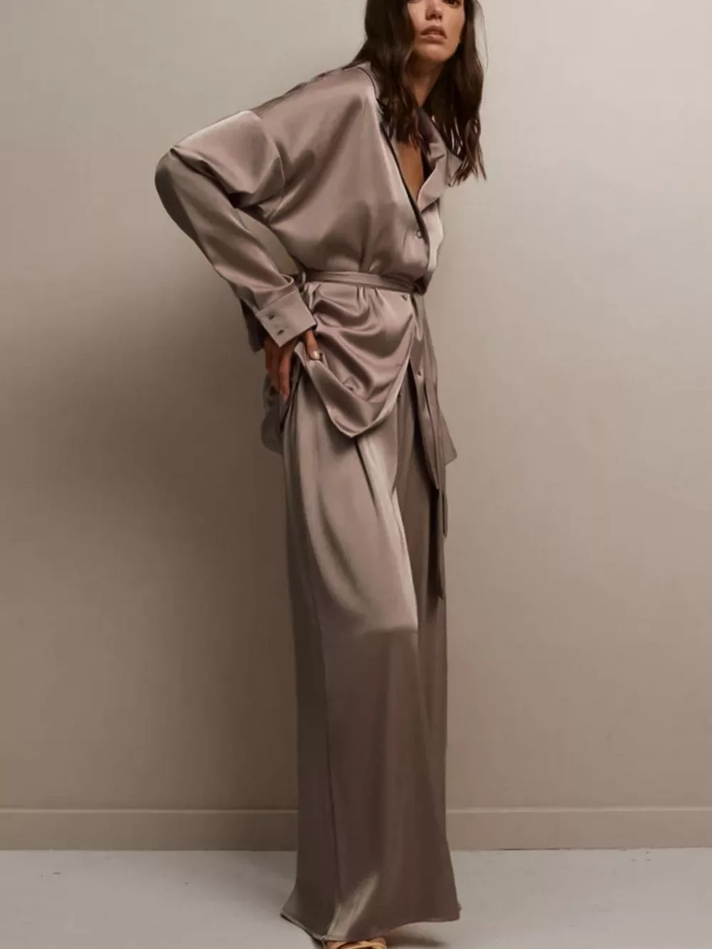Satin Long Sleeve Shirt and Pants Set, image 14