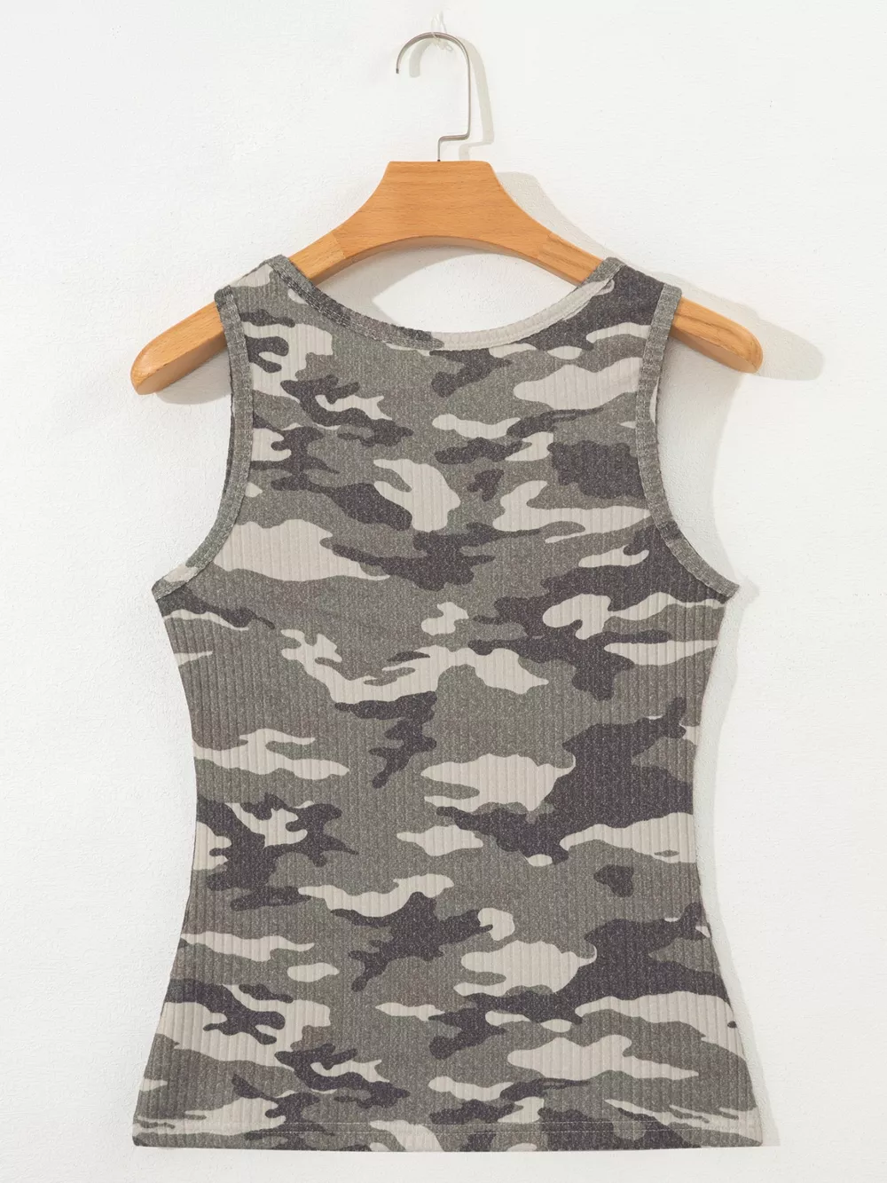 Camouflage Print Ribbed Knit Round Neck Tank Top, image 2