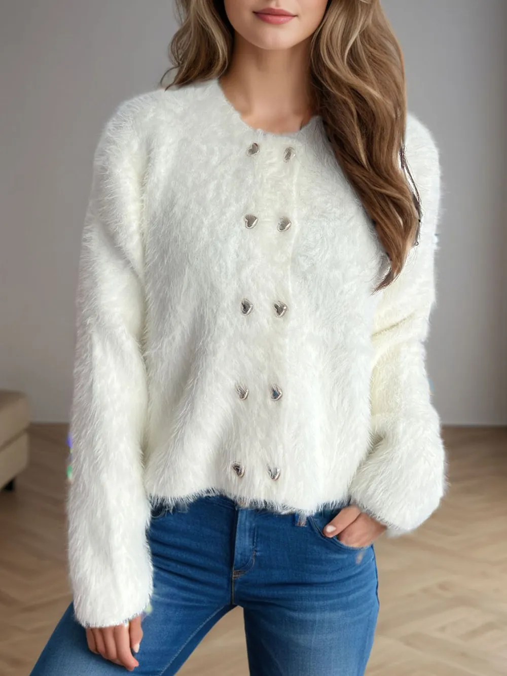 Heart Button Round Neck Cardigan, image 3
