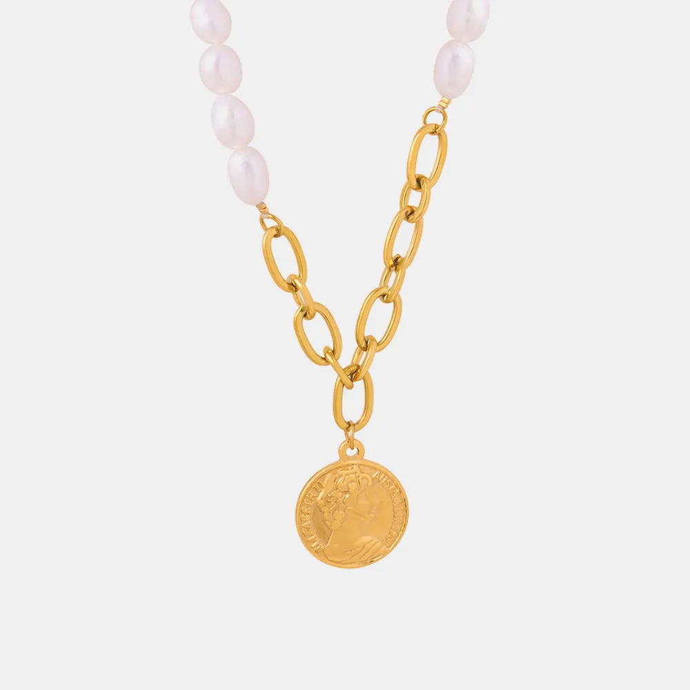 Coin pendant Pearl Titanium Steel Necklace, image 2