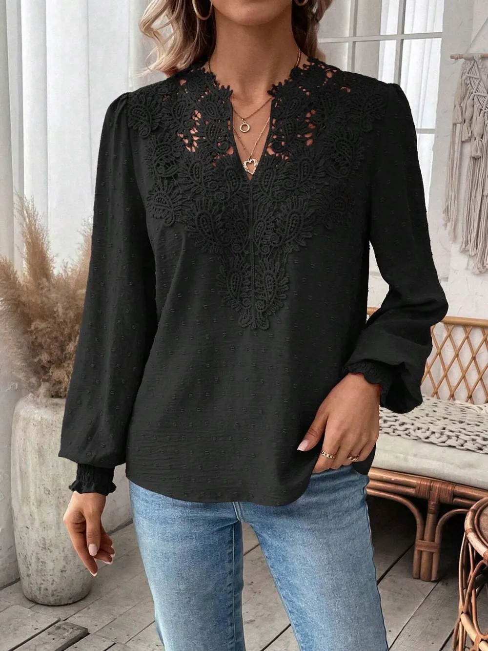Swiss Dot Lace Detail Notched Long Sleeve Blouse, image 3