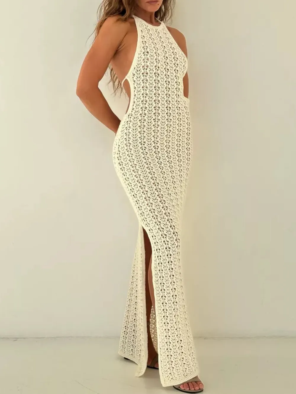 Crochet Halter Neck Bodycon Knit Cover Up Dress, image 2