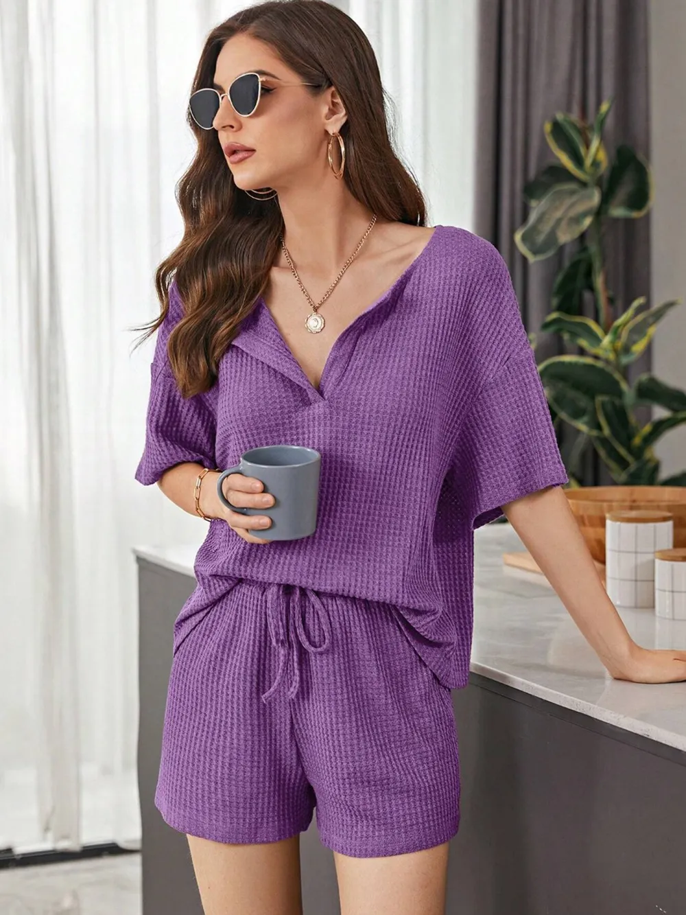 Full Size Waffle-Knit Dropped Shoulder Top and Shorts Set, image 25