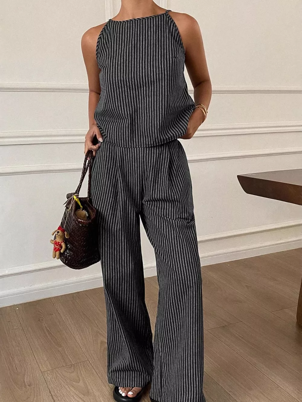 Striped Sleeveless Top and Wide-Leg Pants Set