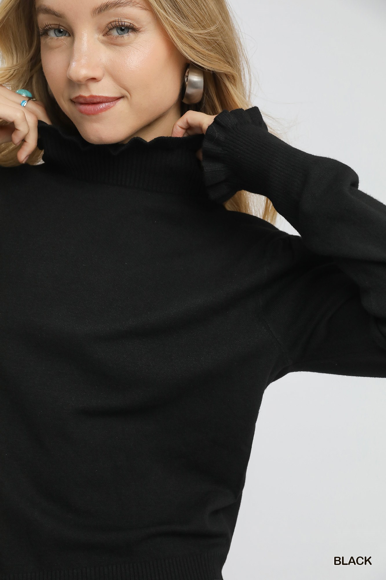 Ruffle Mock Neck Puff Sleeve Sweater, image 5