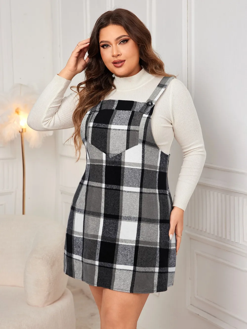 Plus Size Plaid Wide Strap Overall Dress, image 4