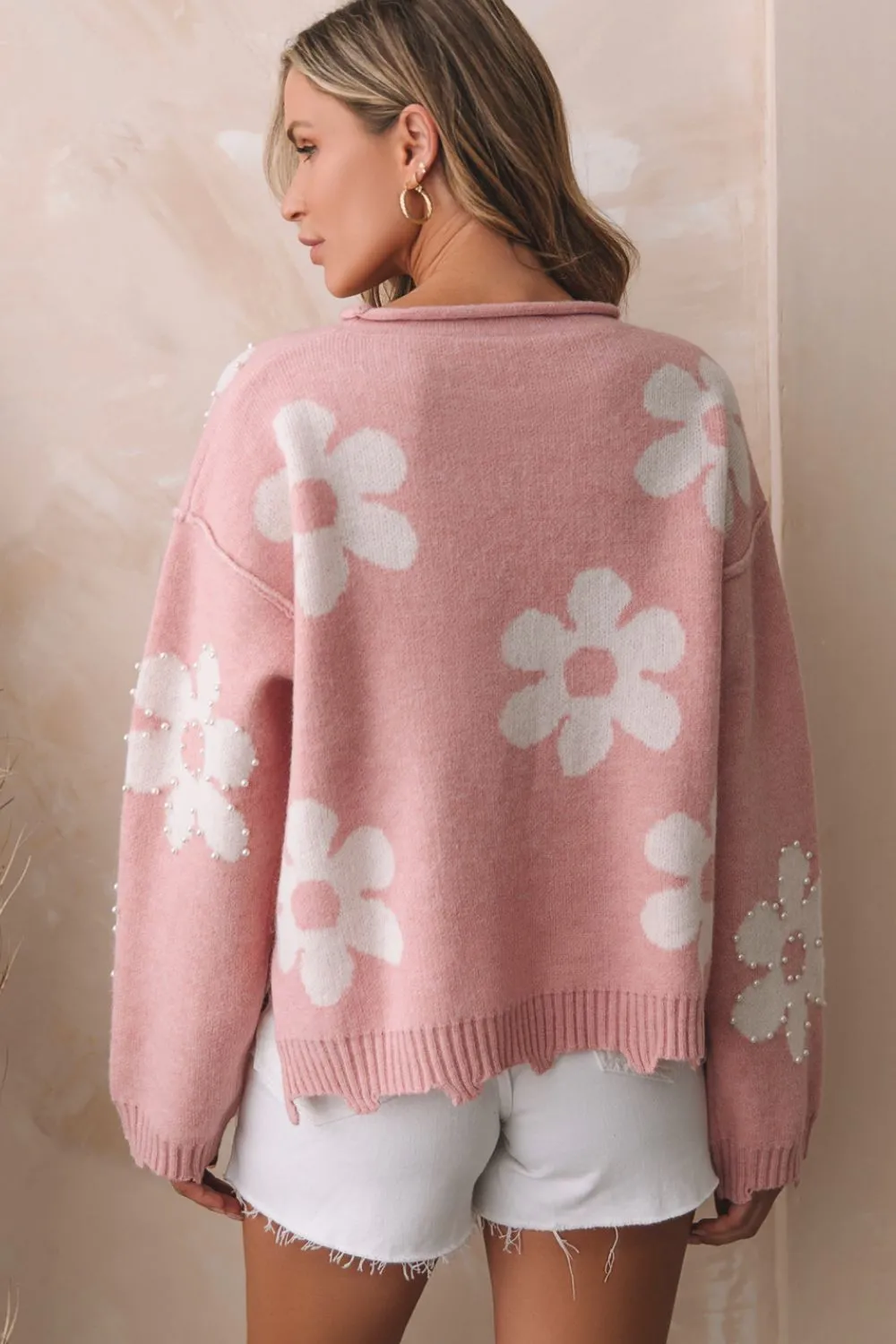 Pearl Trim Flower Round Neck Sweater, image 11