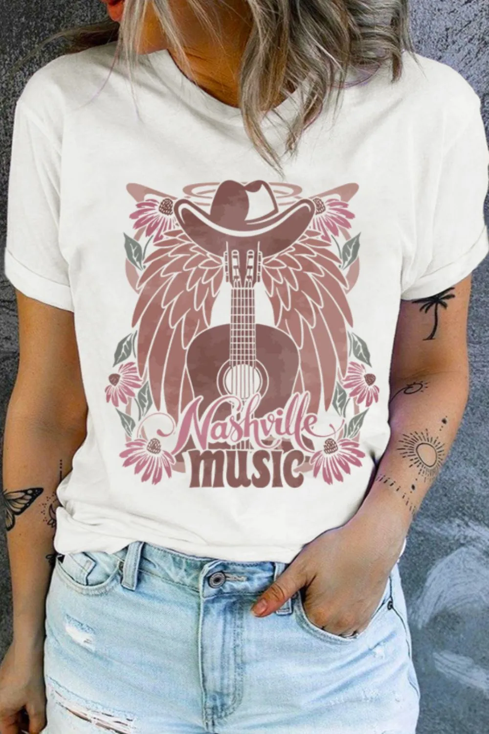 Nashville Music Guitar Wings Graphic Round Neck T-Shirt, image 2