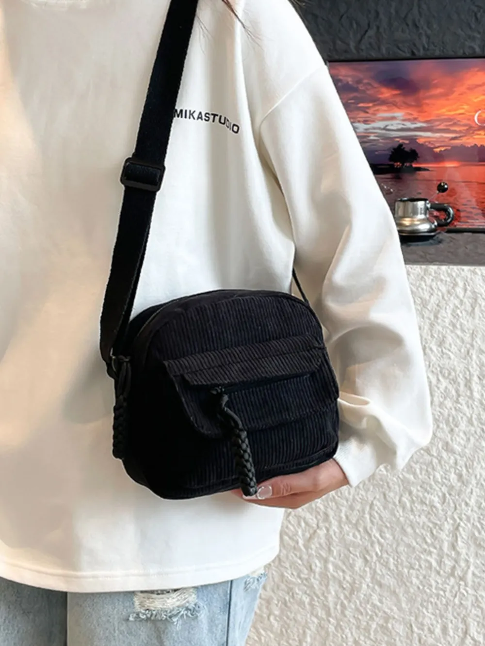 Corduroy Crossbody Bag with Adjustable Strap, image 3