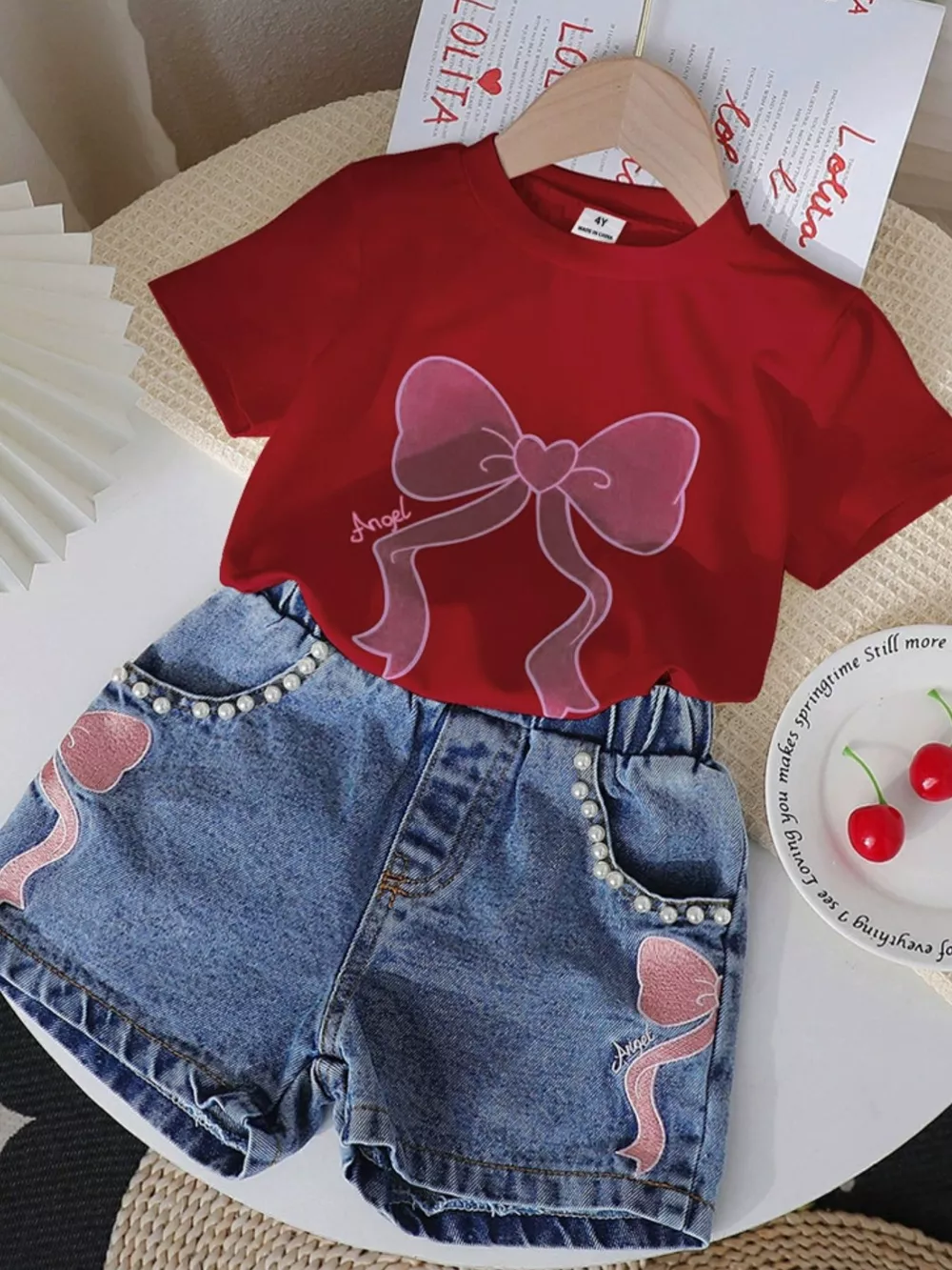 Children's Bowknot T-shirt and Denim Shorts Set, image 13