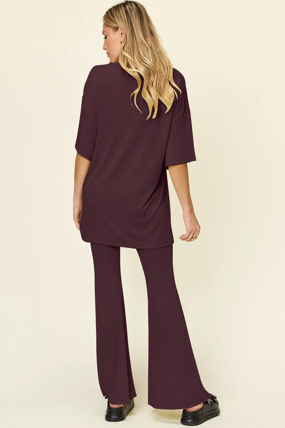 Full Size Round Neck Drop Shoulder T-Shirt and Flare Pants Set, image 2