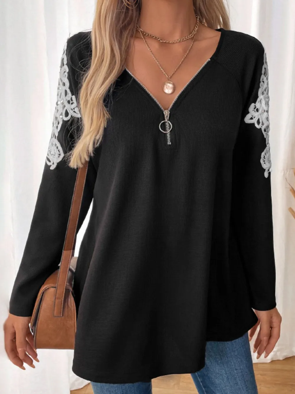 Lace Detail Quarter Zip Long Sleeve Top