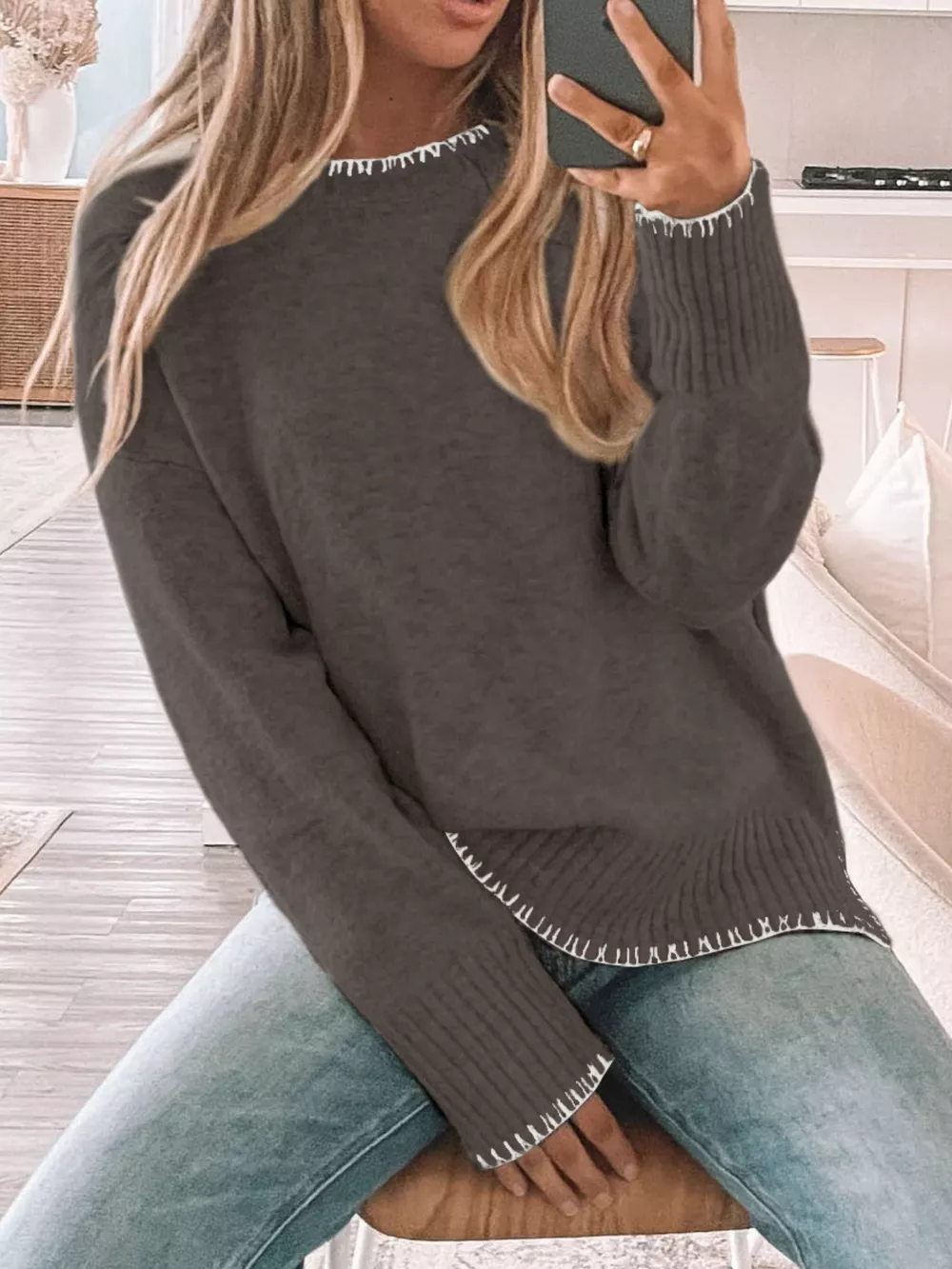 Slit Contrast Trim Round Neck Sweater, image 2