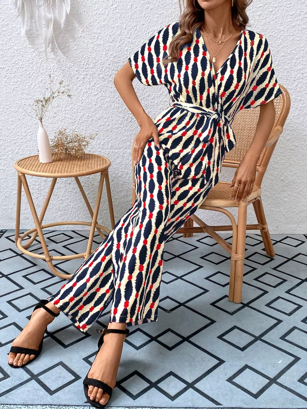 Printed Surplice Tie Waist Short Sleeve Jumpsuit, image 3