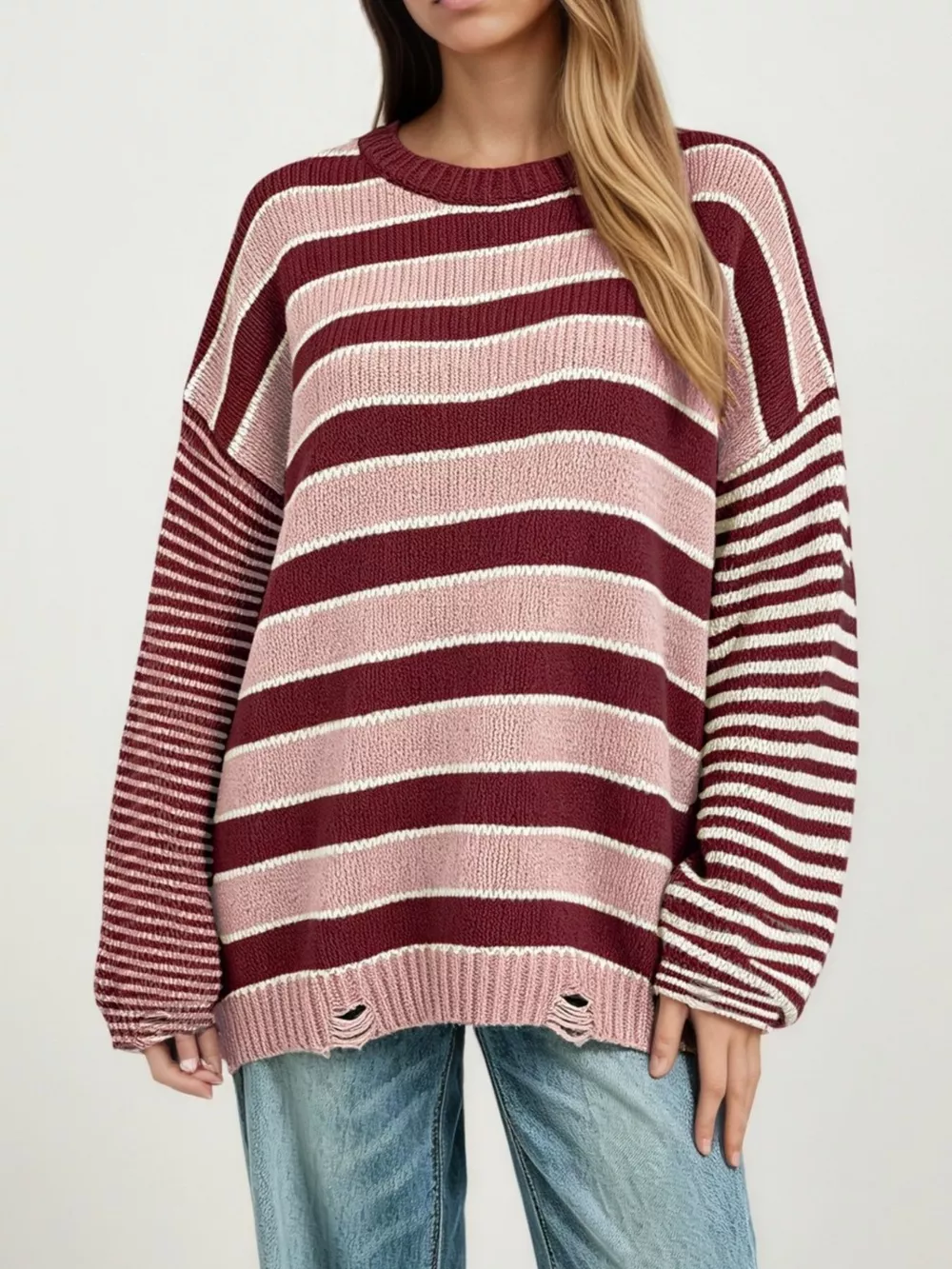 Oversized Striped Distressed Sweater, image 2