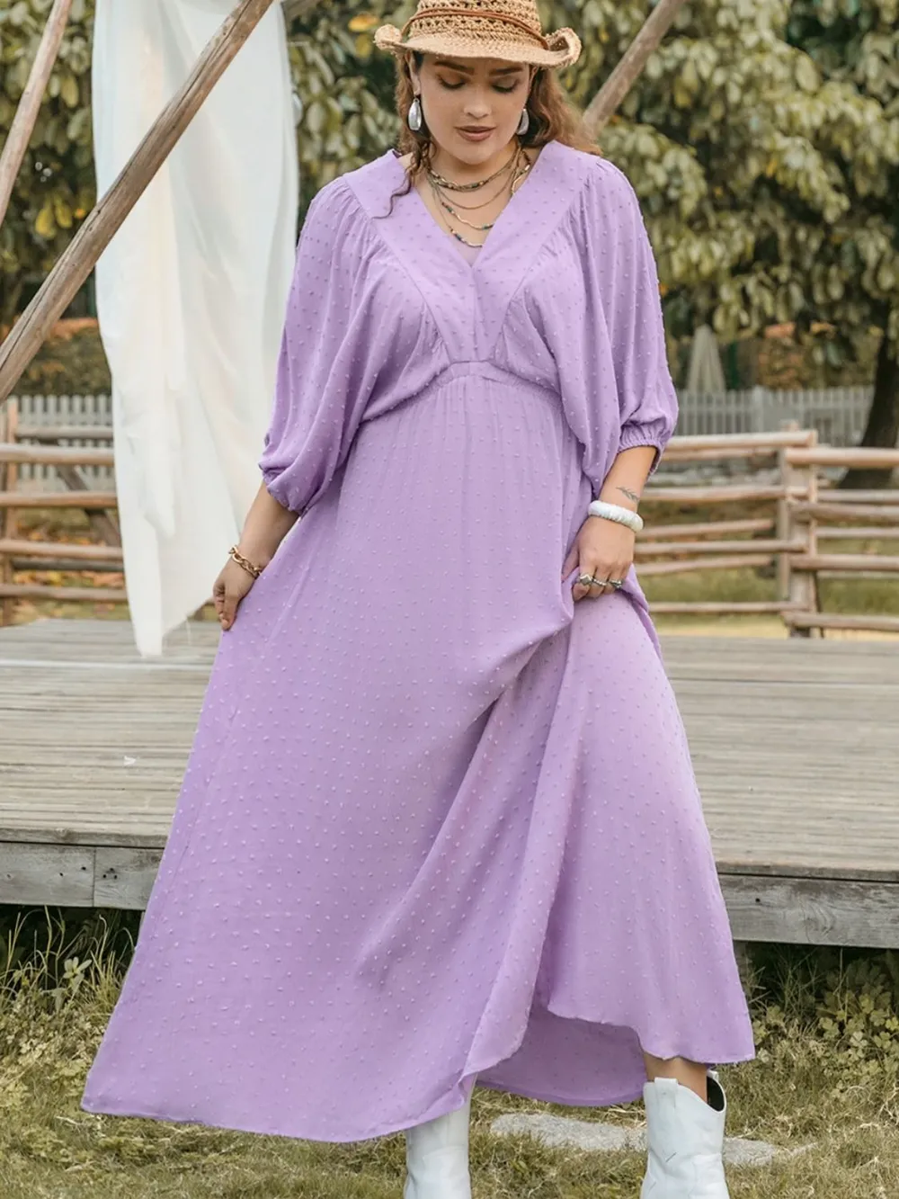 Plus Size Swiss Dot V-Neck Midi Dress, image 2
