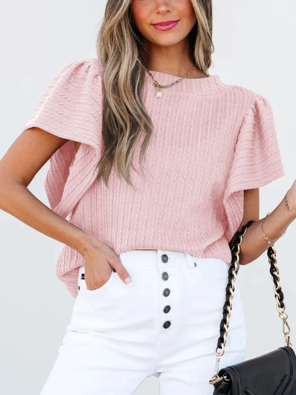 Round Neck Ruffle Sleeve Top, image 2