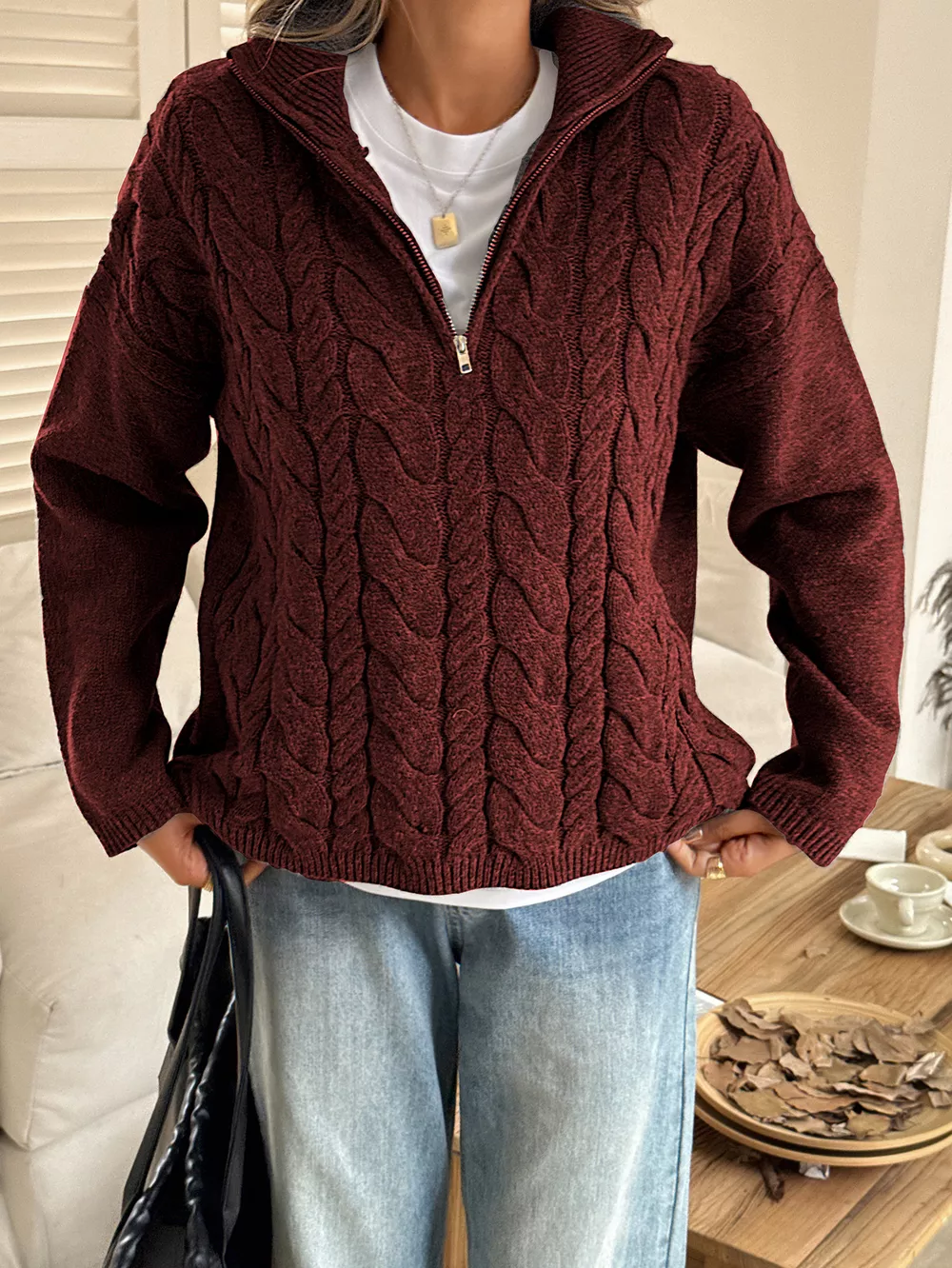 Zip Collar Cable-Knit Sweater, image 7