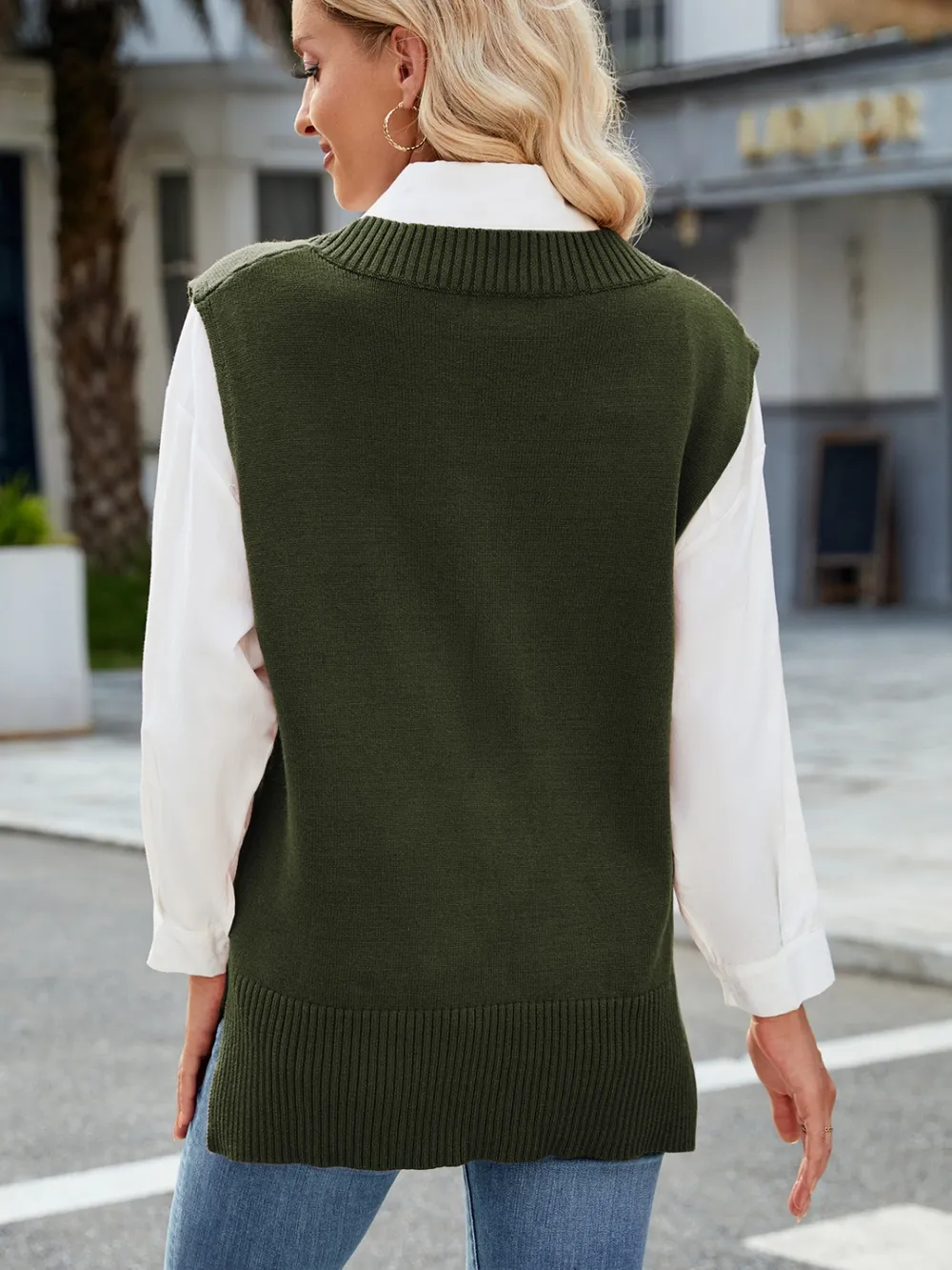 Side Slit V-Neck Sweater Vest, image 4