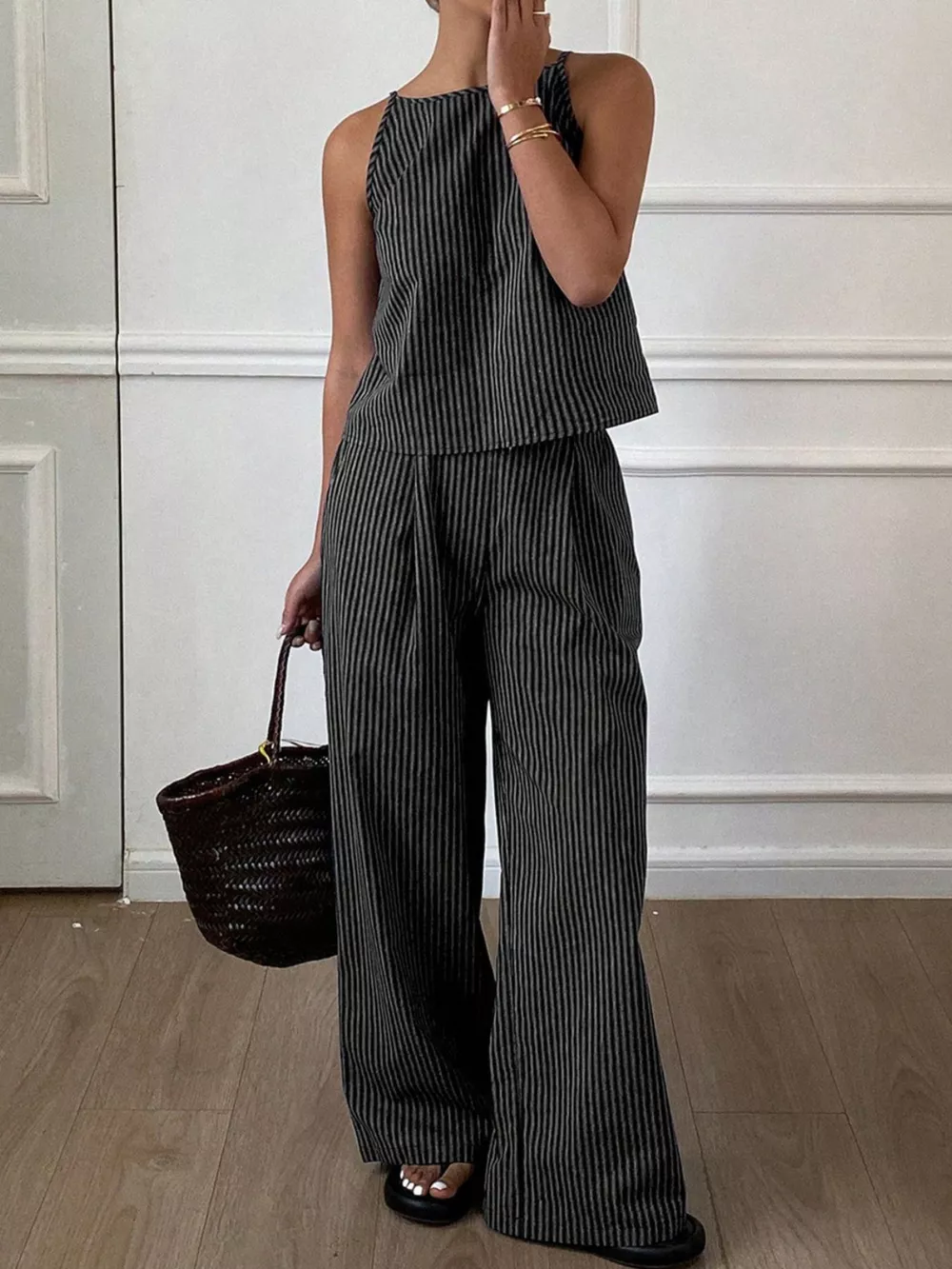 Striped Sleeveless Top and Wide-Leg Pants Set, image 9