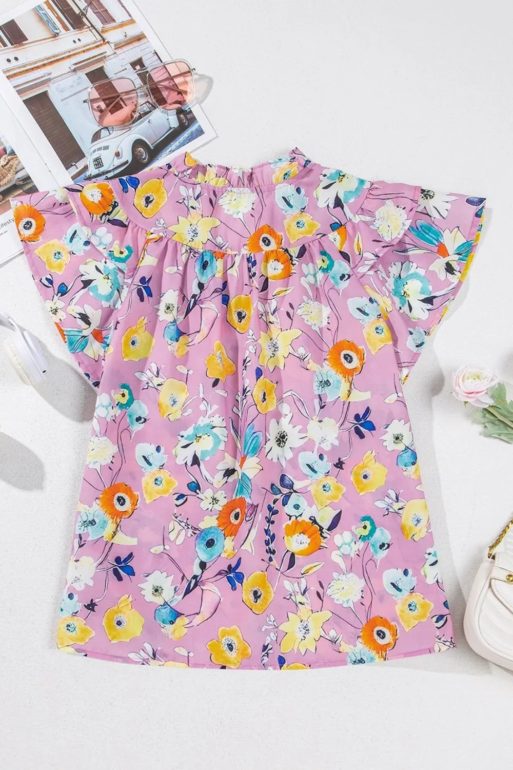 Printed Notched Double Layered Ruffle Sleeve Blouse, image 2